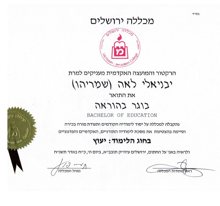 תעודה מקצועית 6 של לאה שפייזמן